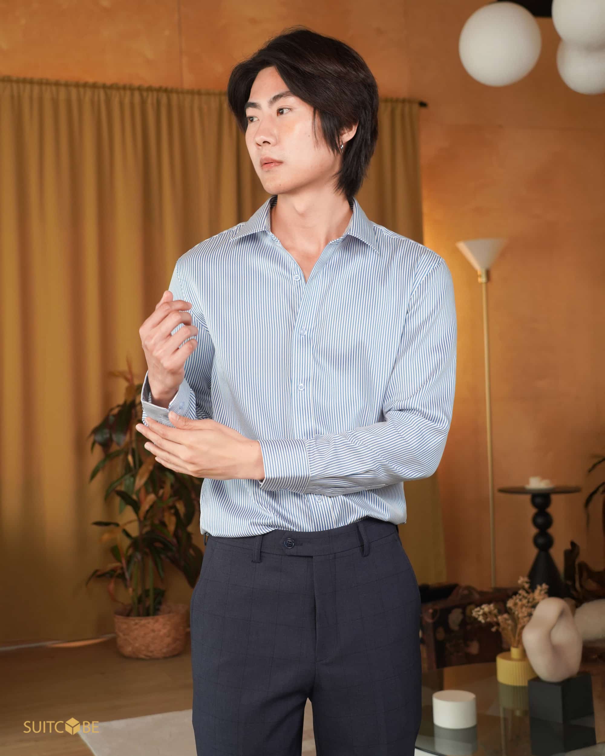 เสื้อเชิ้ตลายทาง Blue Striped Shirt SH200-BLU-WHT